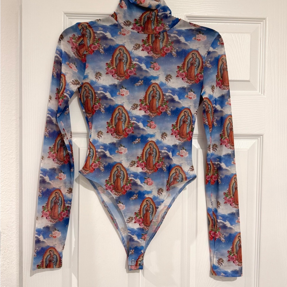 Forever 21 Lady Guadelupe Print Mesh Bodysuit- Size Small